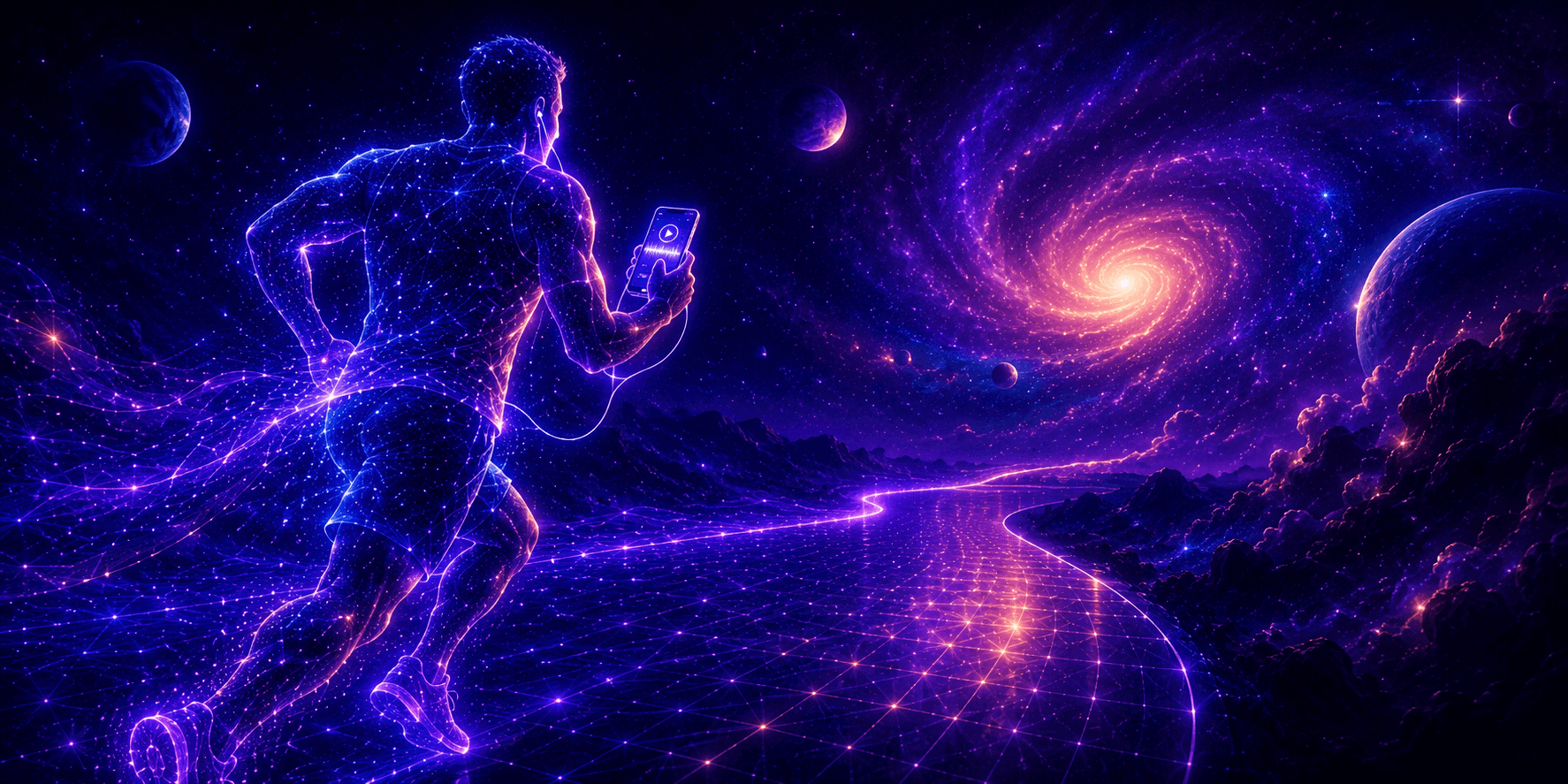 An athlete is running and has a mobile app in his hands, on which he is listening to a player