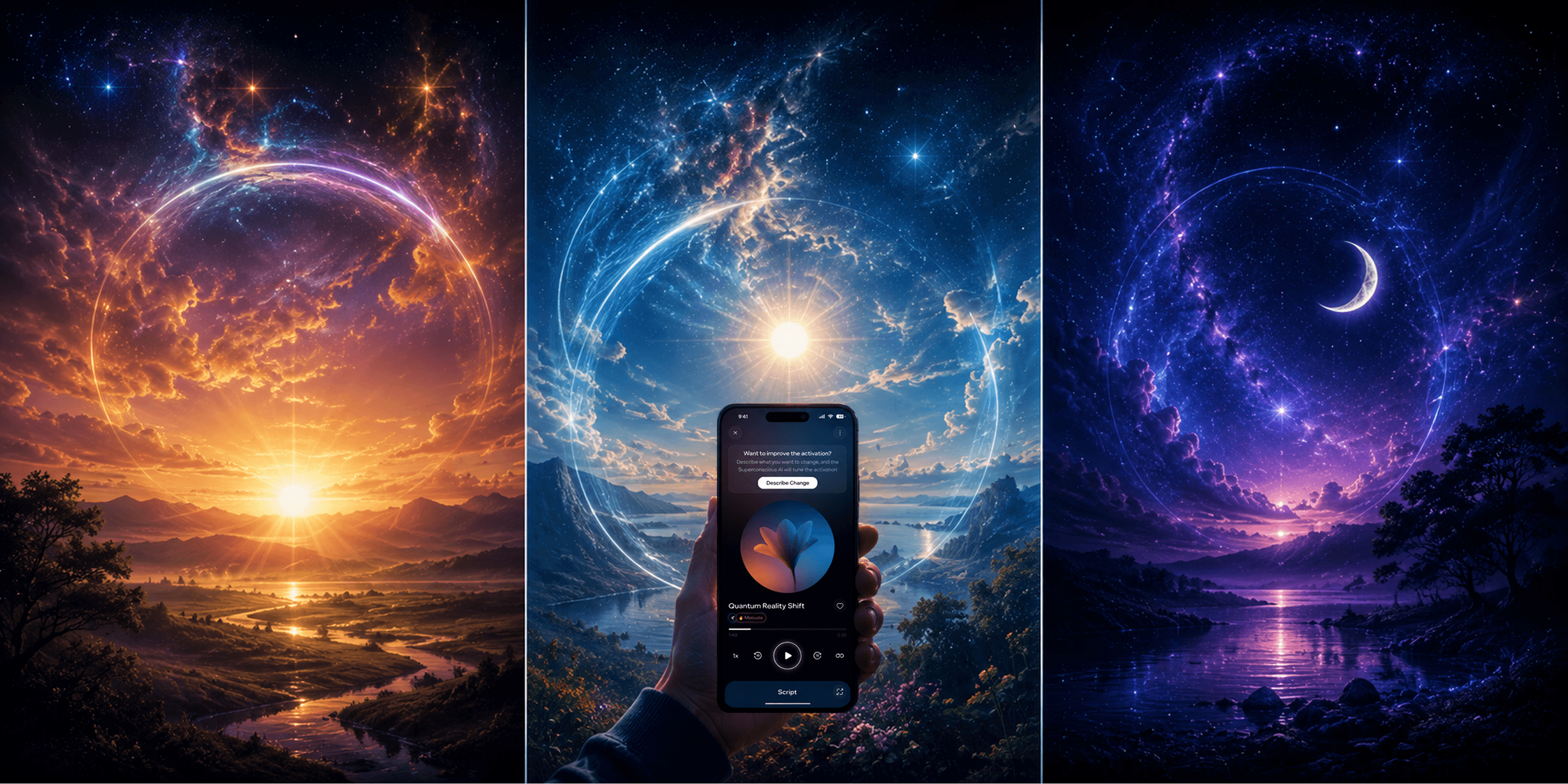Divide the image into three parts: morning, afternoon, and evening. In one of them, depict a phone with a mobile app
